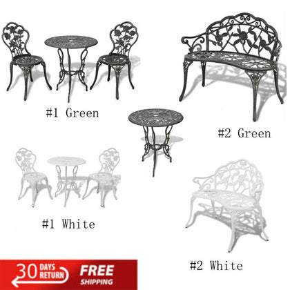 Garden Bench Cast Aluminium Outdoor Park Seat Chair & 3 Piece Dining Set Table