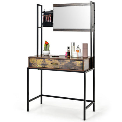 Industrial Vanity Table Makeup Dressing Table Cosmetic Desk W/ Adjustable Mirror