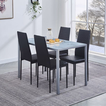 4x Black Faux Leather Dining Chairs&Grey Marble Tempered Glass Dining Table Set