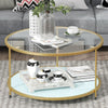 Round Glass Coffee Table with Golden Metal Legs & Shelf - Living Room Furniture