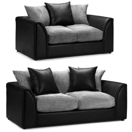 Jumbo Cord Sofa Suite Set 3+2 Seater Couch Grey & Black With Cushions
