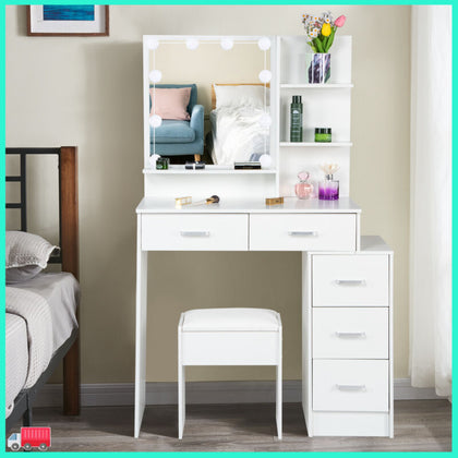 Dressing Table Makeup Vanity Set Mirror with Lights Stool Desk Organizer Dresser