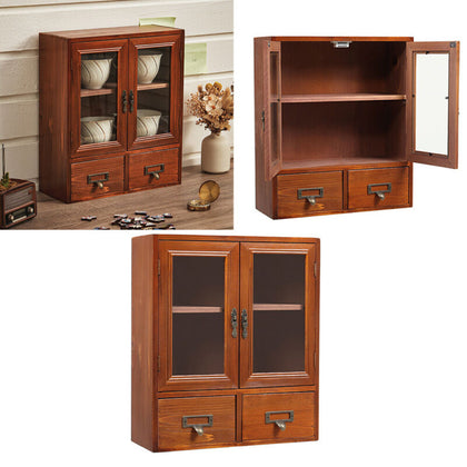 Kitchen DeskTop Cupboard Vintage Wood Storage Shelves Drawers Cabinet Glass Door