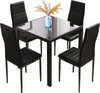 Black Square Dining Table for 2-4 Small Space Glass Tabletop & Metal Legs Modern