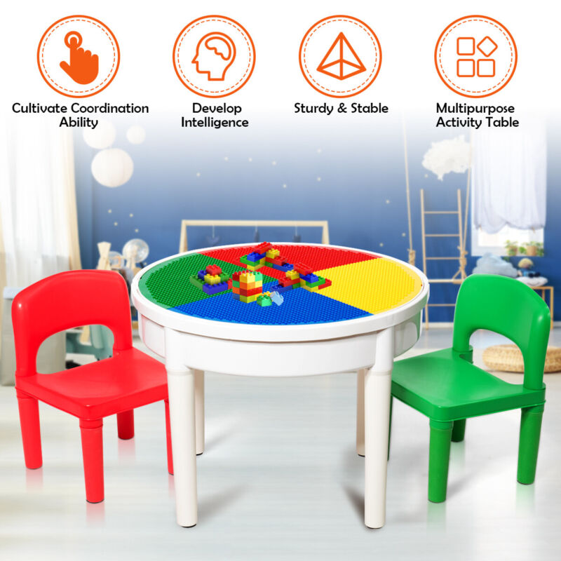 Kids Table Chair Set 3 in 1 Round Building Block Table Children Acti Quildinc