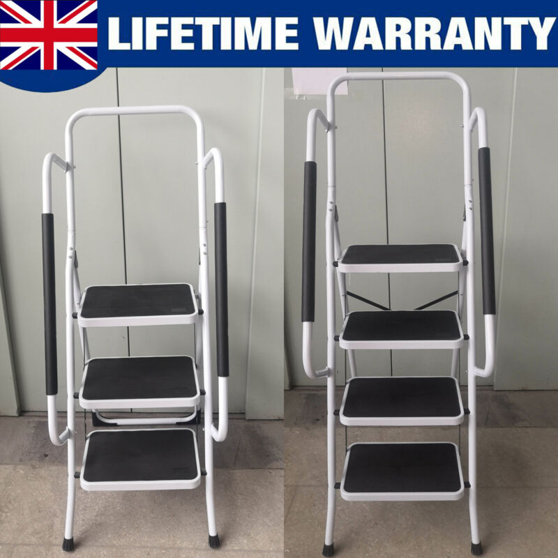 Step Ladders With Hand Rails Lockable Foldable Non Slip 3 & 4 Step Steel Tread Safety Hand Rail Ladder Durab ...