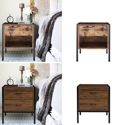 Rustic Wood 1/2 Drawers Bedside Table End Side Storage Night Stand Metal Framed