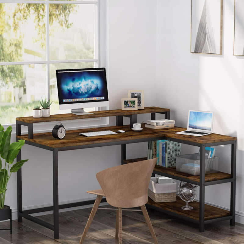 Monitor Study Table Corner Computer Desk Study Writting Table with Monitor Stand Storage ...