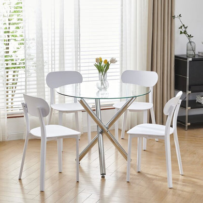 Round Dining Table and Chairs Set 4 Glass Table with 4 Chairs Dining Room White