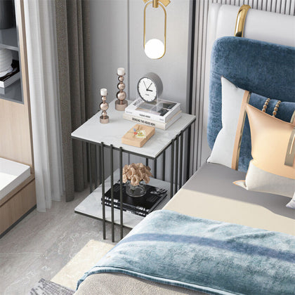 Large Black Frame White Marble Side Table 2-Tier Shelf Corner Storage Household