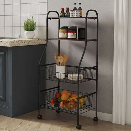 4 Tier Kitchen Trolley Storage Shelf Metal Wire Baskets Organizer with Wheels