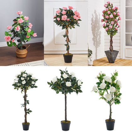 60/120/150cm Large Artificial Rose Tree Potted Plant Pink Flowers Garden Porch