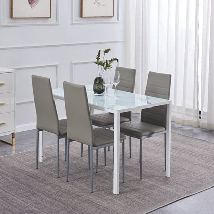 4x Grey Faux Leather Dining Chairs w/ Tempered Glass Dining Table Diningroom Set
