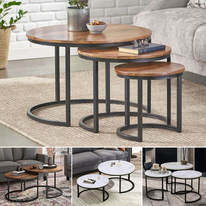 2/3 Nesting Tables Round Nest of Table Set Metal Frame Rustic Wood Tabletop Unit