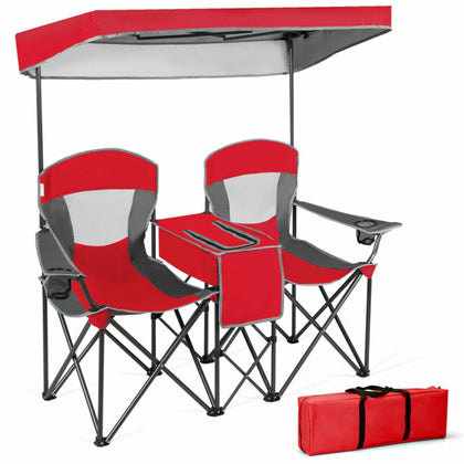 Double Sunshade Folding Chairs Outdoor 2-person Chairs w/Sun Protective Canopy