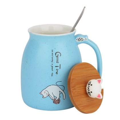 420ML Cat Kitten Ceramic Coffee Mug Tea Milk Water Cup Handle Lid Gift New