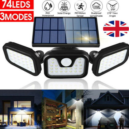74LED Solar Powered PIR Motion Sensor Lamp Outdoor Garden Security Wall Light UK