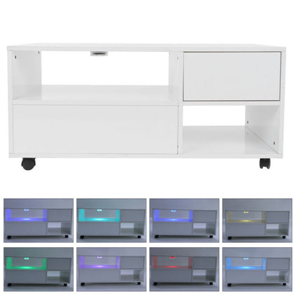 Movable Coffee Table RGB LED Sofa Side Tea Table with Shelves for Living Room