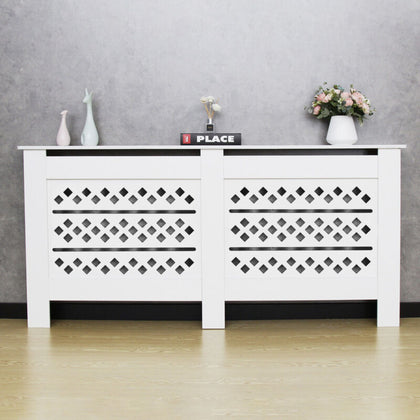 Modern Radiator Cover Wall Cabinet MDF Wood Grill Shelf White Rhombic Bars XL