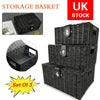 SET OF 3 Storage Baskets Resin Wicker Woven Hamper Box Lid & Lock Stackable UK