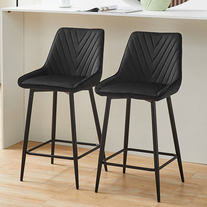 2x Velvet Black Bar Stool Kitchen Counter Breakfast Chair Pub Restaurant Cafe