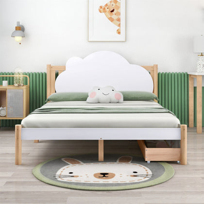 Wooden Bed Frame Storage Drawers 4ft6 Double Size Kids Bed with Cloud Headboard