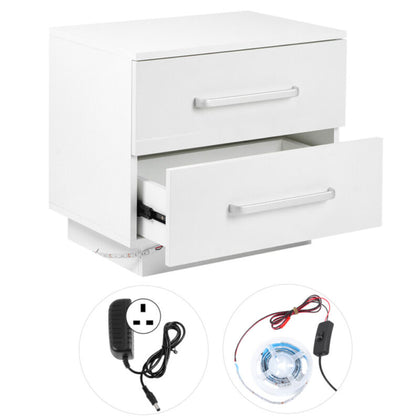White Bedside Cabinet Table Nightstand / LED Blue Light / High Gloss Front Panel