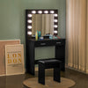 Fashion Black Dressing Table Makeup Desk w/ LED Light Bulbs Mirror Stool Bedroom