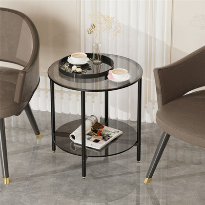 2 Tiers Round Coffee Table Side Table with Grey Glass Top Living Room Furniture