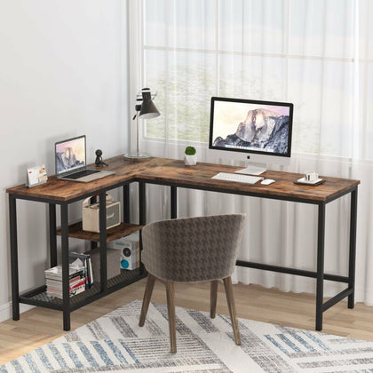 Functional Computer PC Desk with 2 Tier Open Shelves Writing Gaming Workstation
