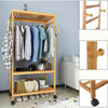 Bamboo Clothes Rail Rack Garment Closet Storage Organizer Hanging Shelf On-Wheel