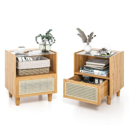 2PCS Bamboo Rattan Nightstand Boho Bedside Table with Drawer Bedroom End Table