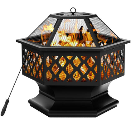 Hexagon Patio Fire Pit Charcoal Log Burning Metal Fire Bowl with Fire Poker