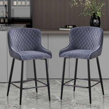 Set of 2 Velvet Fabric Bar Stools Counter Stool High Chairs Metal Legs Grey