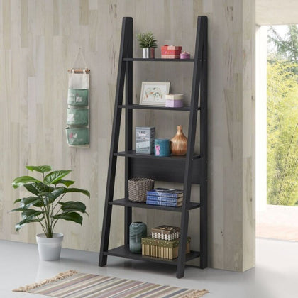 5 Tier Ladder Shelf Storage Shelving Unit Bookcase Wooden Black Display Stand