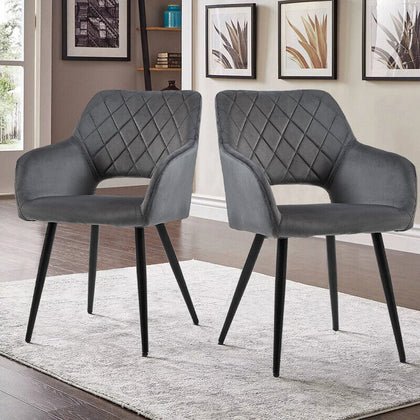 Set of 2 Velvet Dining Chair with Diamond Seat & Metal Legs Dining Room Grey New