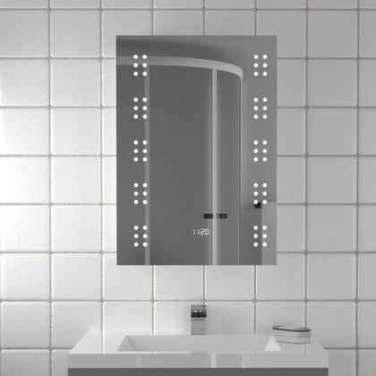 LED Backlight Bathroom Mirror Steam Free Demister& Shaver Socket Clock 500x700mm