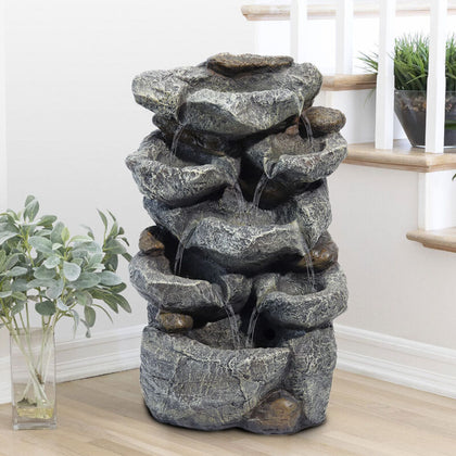 Electric Water Feature Fountain w/ LED Light Resin Rock Cascading Indoor Outdoor