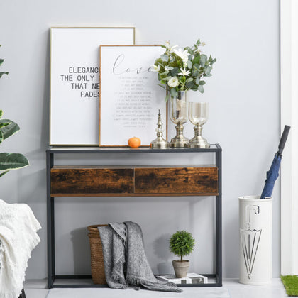 Entryway Console Table Desk with Drawers, Glass Shelf, 3D Wood Grain