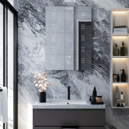 Led illuminated Mirror Cabinet Storage Cupboard Dimmable w/ Shaver Socket Clock