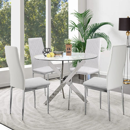 Round Tempered Glass Dining Table And 4 Faux Leather Dining Chairs Kitchen Home
