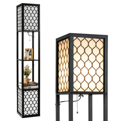 Floor Lamp Wooden Shelf Standing Light w/Dual Switch & Fabric Lampshades Modern