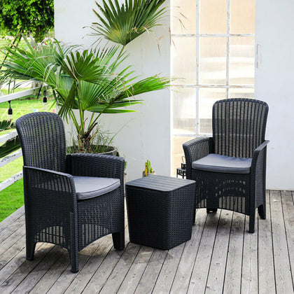 Black Garden Rattan Furniture Set With Storage Table 2 Armchairs Cushion Set NEW