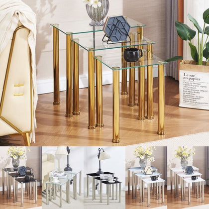Nest of 3 Tempered Glass Nested Tables Side End Lamp Sofa Tables Living Room