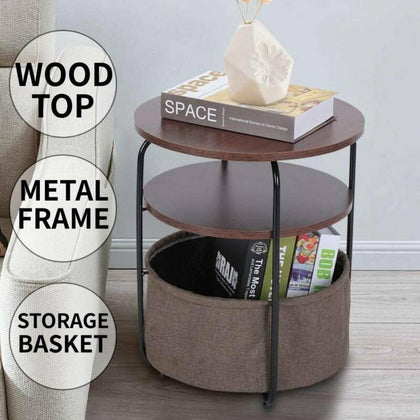 Industrial Wood Metal Bedside Table W/ Storage Basket Sofa End Coffee Side Table
