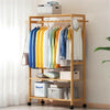 Bamboo Clothes Rail Rack Garment Closet Storage Organizer Hanging Shelf On-Wheel