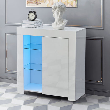 White High Gloss Side End Table Wood Storage Cabinet With LED Glass Living Room