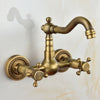 Wall Mount Antique Brass Swivel Bathroom Sink Faucet Basin Mixer Tap Dual Handle