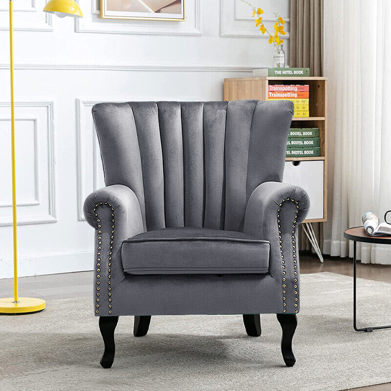 Upholstered Armchair Velvet Fabric Scallop/Button Backrest Lounge Fireside Chair