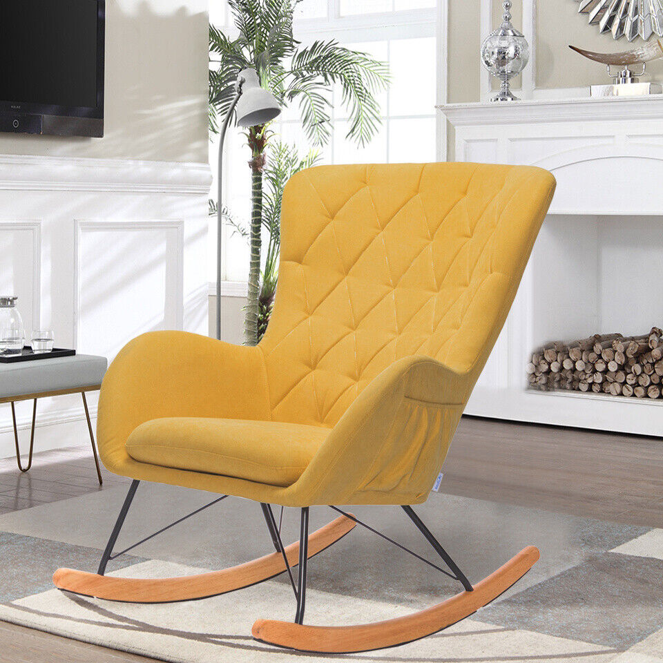 Linen Rocking Chair Lounge Armchair Relaxing Soft Seat Wood Curved Leg Fireside